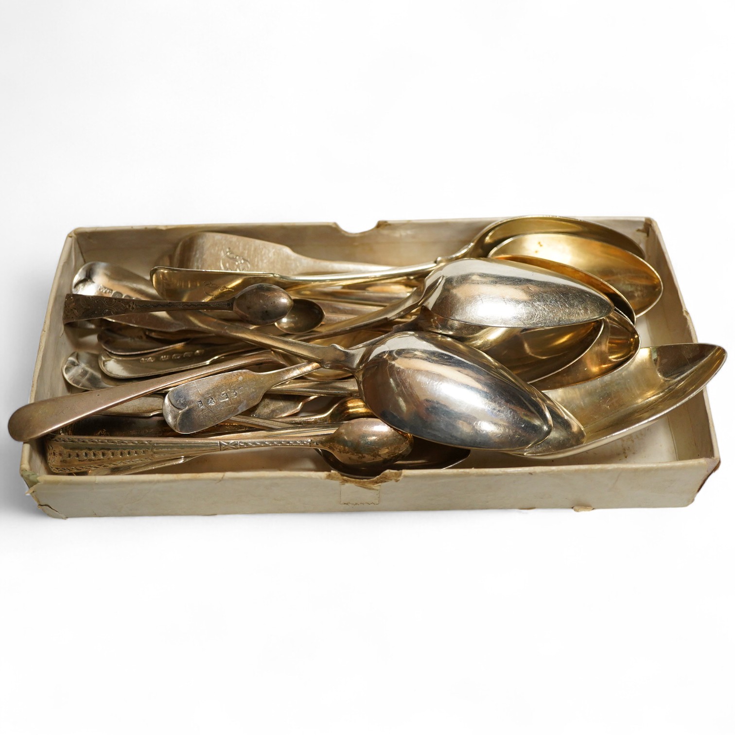 A set of six William IV silver fiddle pattern dessert spoons, London, 1831, William Chawner II, initialled P togerther with assorted 19th century fiddle pattern and a pair of sugar tongs, weight approx. 16.33ozt (qty)